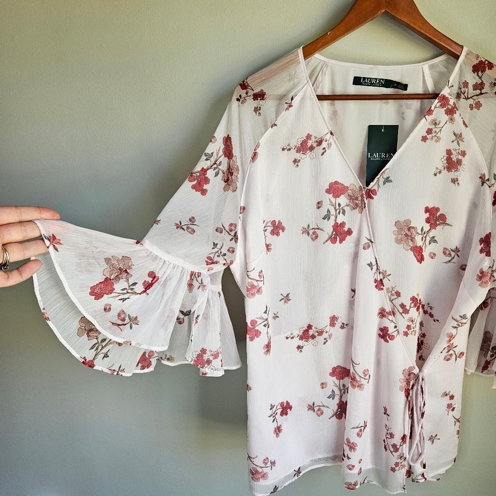 Lauren Ralph Lauren Floral Chiffon Wrap Top Women's 1X Ruffle Bell Sleeves Sheer - Picture 7 of 13